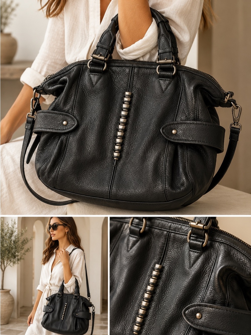 Pour La Victoire Black Pebbled Leather Satchel Crossbody Bag